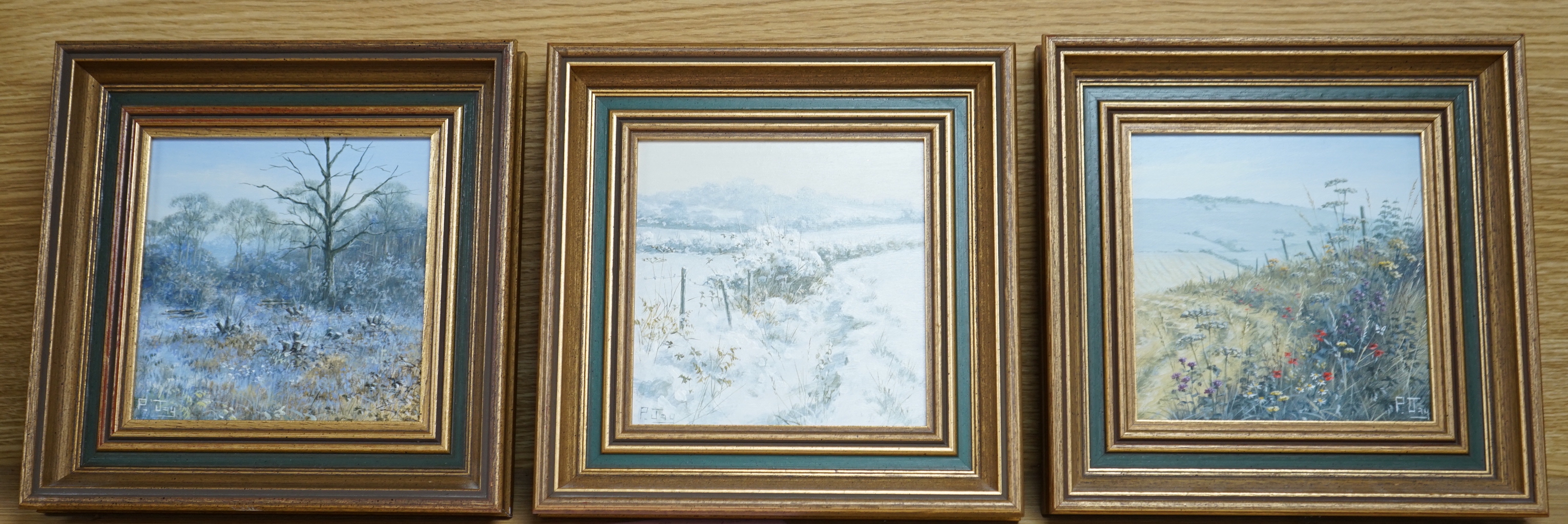 Peter Jay (b.1936), set of three oils on board, Spring, Summer and Winter landscapes, each signed, 14 x 14cm